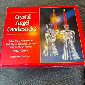 Vintage Pair Crystal Praying Angel Glass Candlestick Holders in box